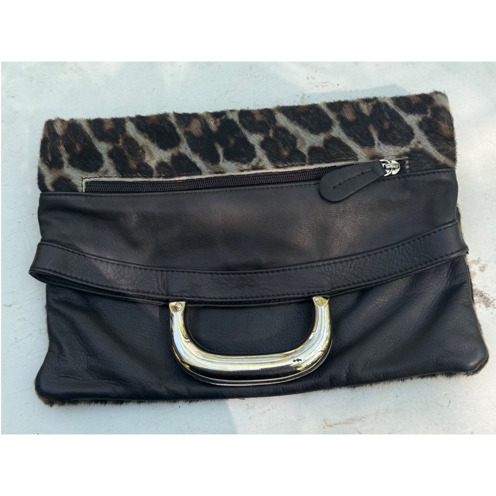 Maurizio Taiuti Leopard Calf Hair Black Leather Foldover Clutch‎ Made in Italy